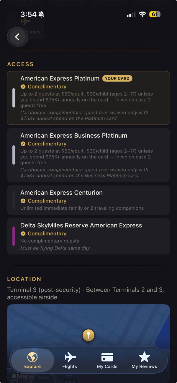 Loungeaway access rules for a Centurion Lounge, by card
