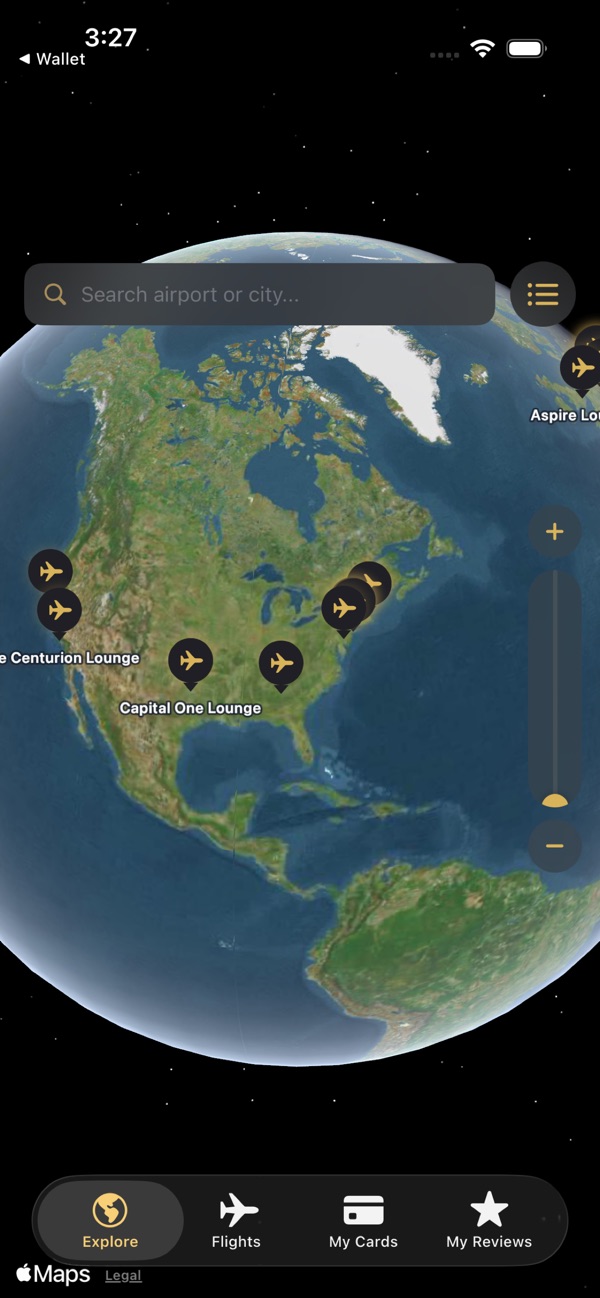 Loungeaway globe view with lounge pins across North America
