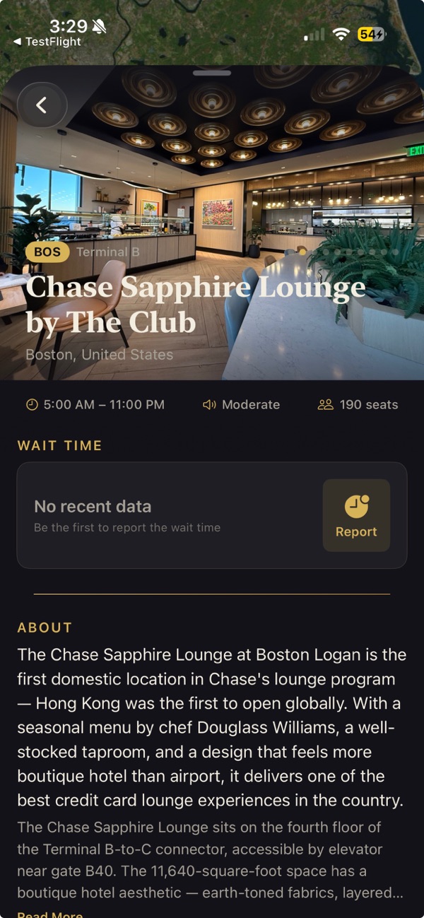 Loungeaway lounge page for the Chase Sapphire Lounge at Boston