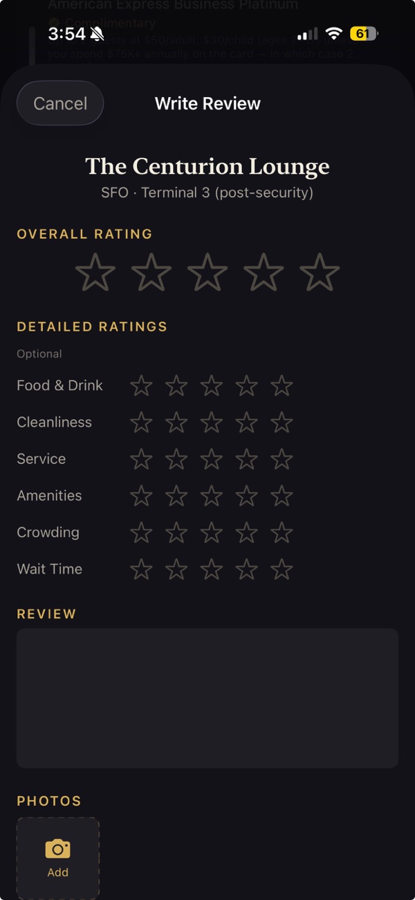 Loungeaway write a review screen with detailed ratings