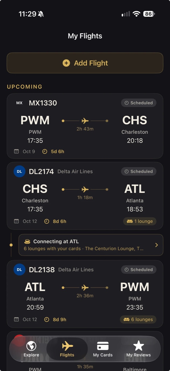 Loungeaway My Flights screen showing a connection in Atlanta with six lounges available