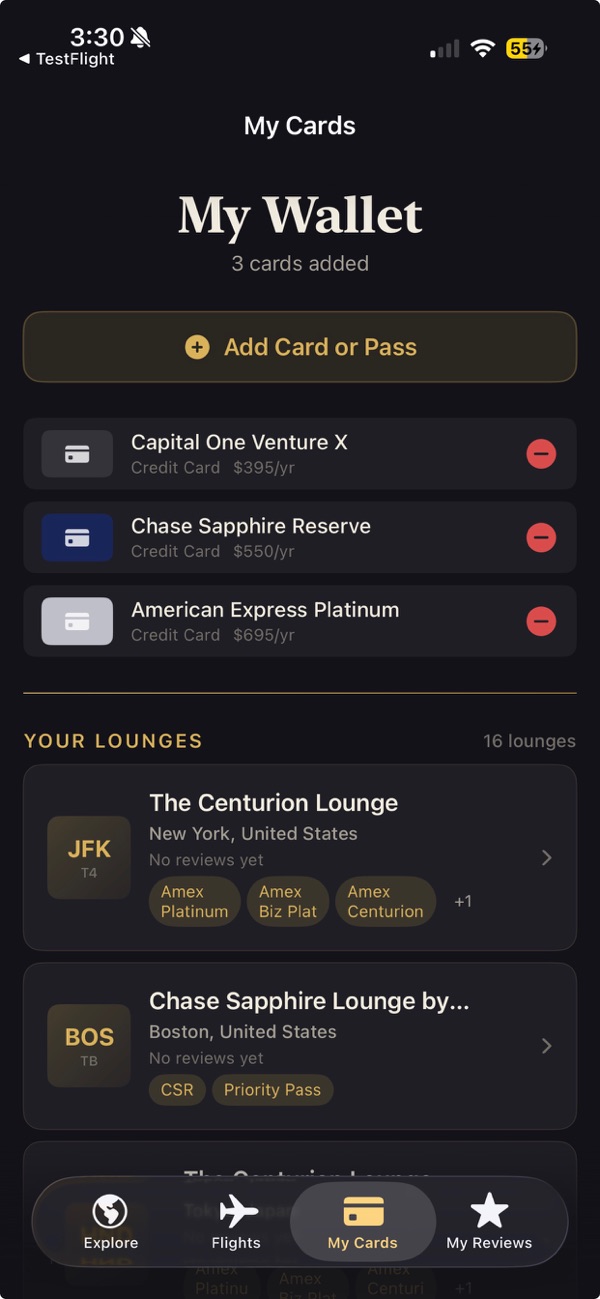 Loungeaway My Wallet screen with three credit cards and the lounges they unlock
